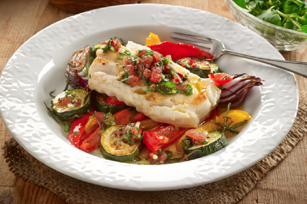 Cod Fillets With Roasted Veg & Sauce Vierge