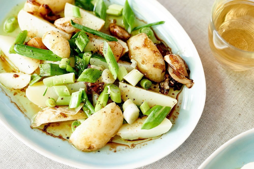 Cornish new potato salad with confit garlic and spring onion