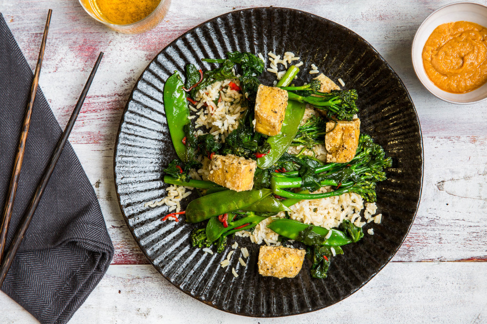 Crispy salt & pepper tofu with spicy peanut sauce & greens