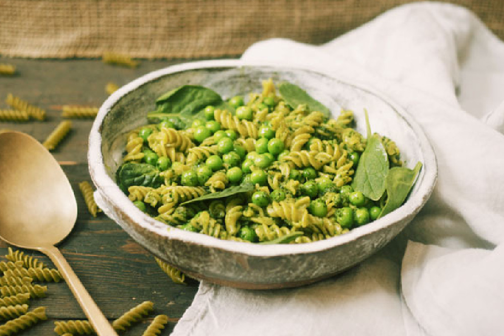 Green Pea & Quinoa Fusilli with Watercress & Coconut Pesto, Fresh Peas & Spinach