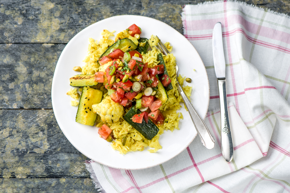 Spiced Cauliflower and Courgette with Yellow Rice, Pistachios and Coriander Salsa