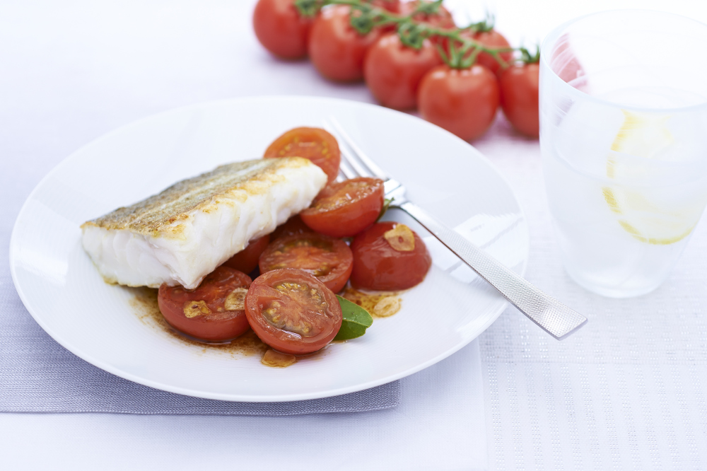 Pan-Fried ‘Island Beauty’ Cocktail Tomatoes With Bay Leaves And Roasted Cod