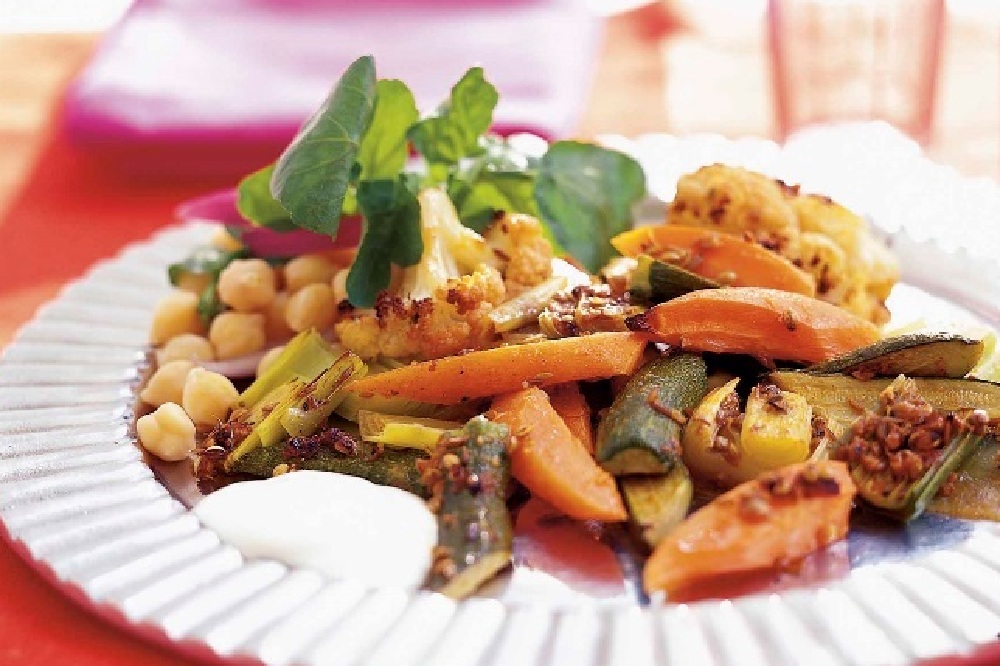 Moroccan Spiced Roasted Vegetables with Watercress, Chickpea and Red Onion Salad