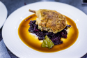 Duck confit in honey and whole grain mustard crust, sherry vinegar sauce, beetroot marmalade