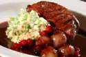 Honeyed Duck with Pea and Potato Mash with Shallots Glazed in Red Wine Sauce