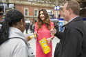 Lisa Snowdon puts a smile on busy commuters faces in Victoria Station as part of the Belvita Breakfast Better Mornings campaign.