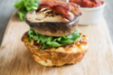 Portobello Mushroom and Potato Cake with Bacon Stack topped with Tomato Relish & Mozzarella