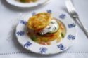 Potato Pikelets, Smoked Salmon & Creme Fraiche with Shallot Sauce