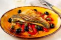 Pan-fried sea bass with Spanish olives, piquillo peppers and dry Sherry