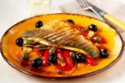 Pan-fried sea bass with Spanish olives, piquillo peppers and dry Sherry