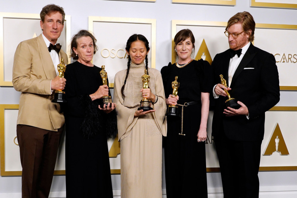 Nomadland producers Peter Spears, Frances McDormand, Chloe Zhao, Mollye Asher and Dan Janvey