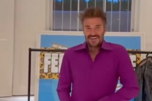 David Beckham rips purple wedding suit in 25th anniversary stunt
