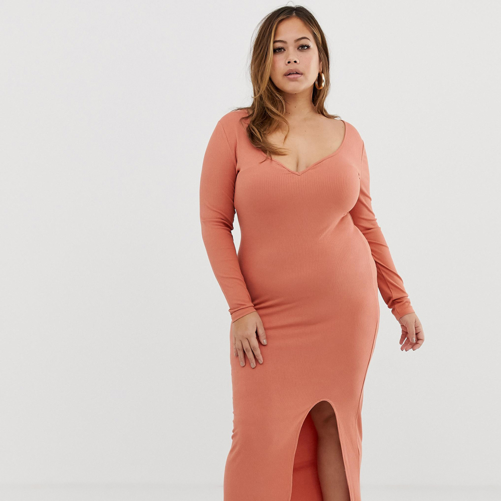 ASOS DESIGN Curve Rib Maxi Dress with Sweetheart Neck and Split, GBP 8 (was GBP 22); shoes out of stock, ASOS