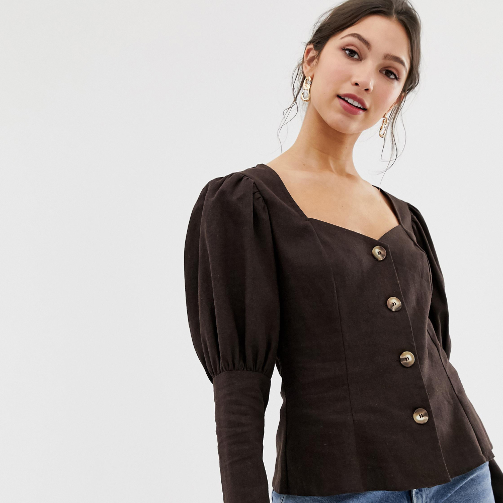 ASOS DESIGN Long Sleeve Sweetheart Neck Top in Linen with Contrast Buttons, GBP 10.50 (was GBP 30.00); jeans out of stock, ASOS