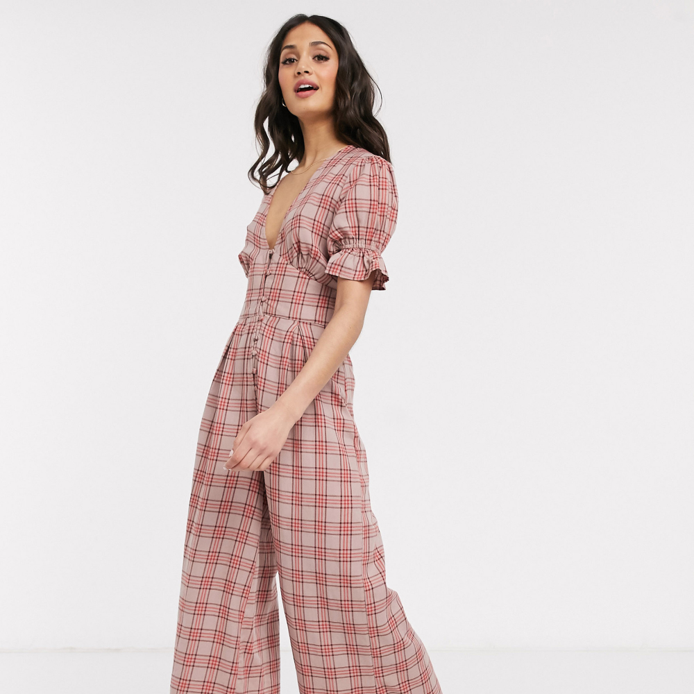 ASOS DESIGN Puff Sleeve Jumpsuit in Pink Check, GBP 17.10 (was GBP 38); ASOS DESIGN Jenna Suede Espadrilles in Rust, GBP 25.60 (were GBP 32) , ASOS