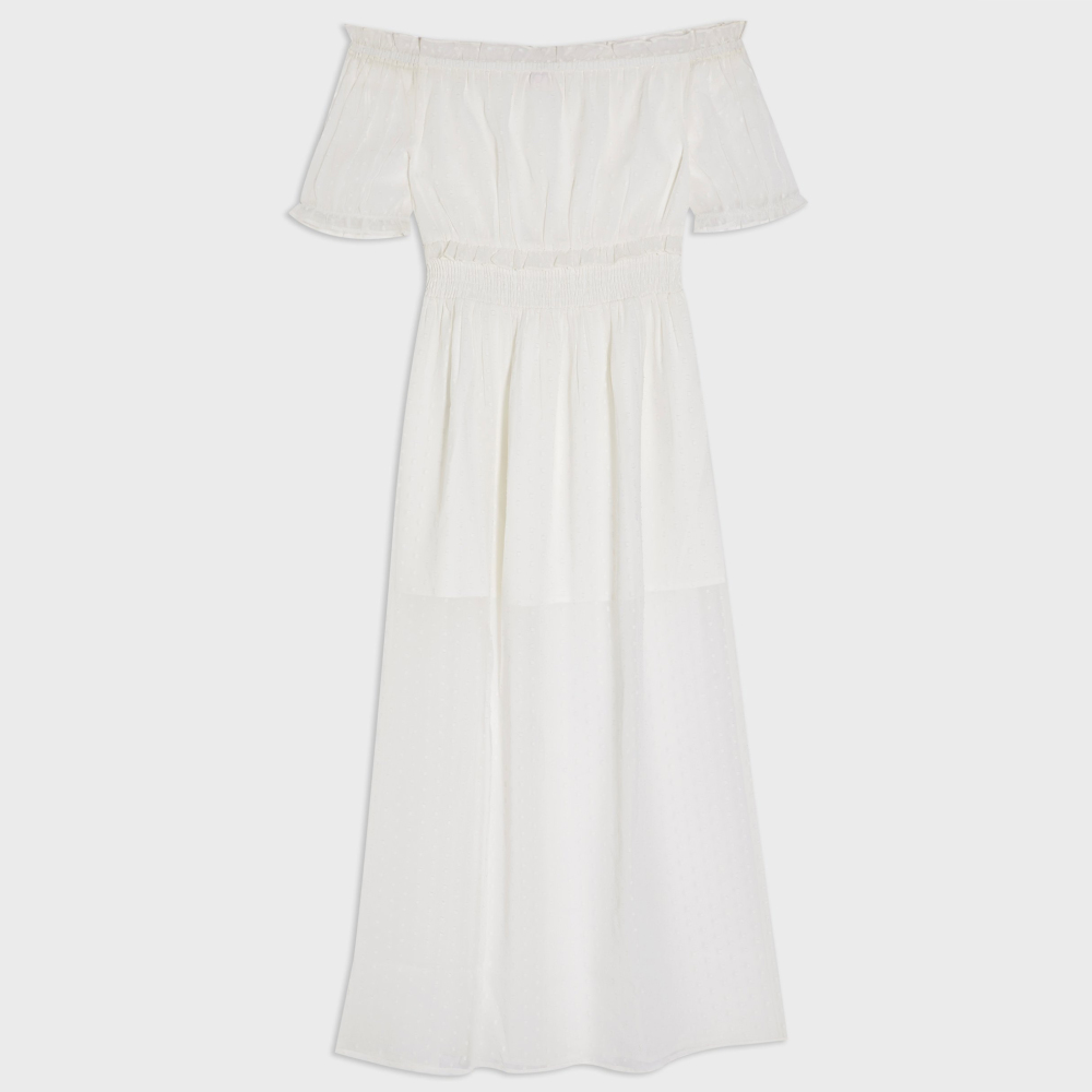 Miss Selfridge PETITE Dobby Bardot Maxi Dress in Ivory, GBP 25.35 (was GBP 39)