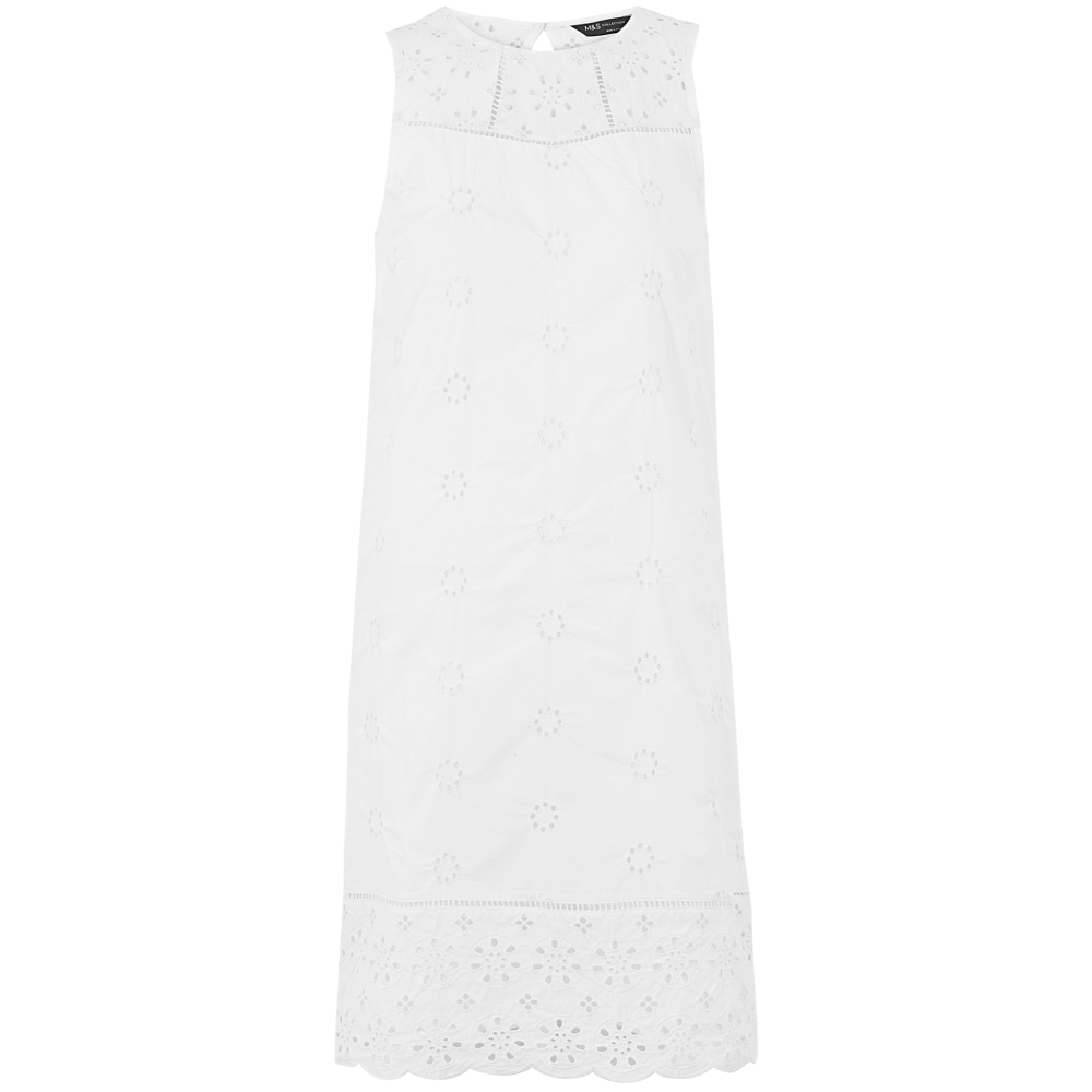 M&S Pure Cotton Embroidered Shift Dress in Winter White, GBP 39.50