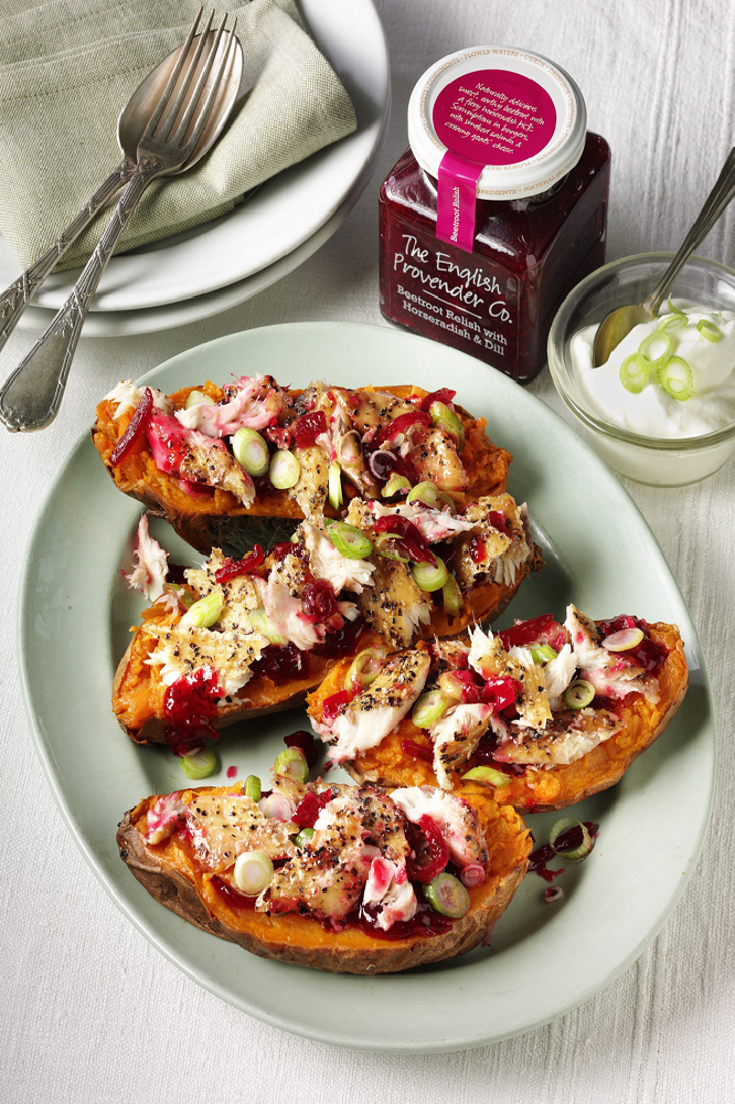 Baked Sweet Potatoes With Mackerel And Beetroot