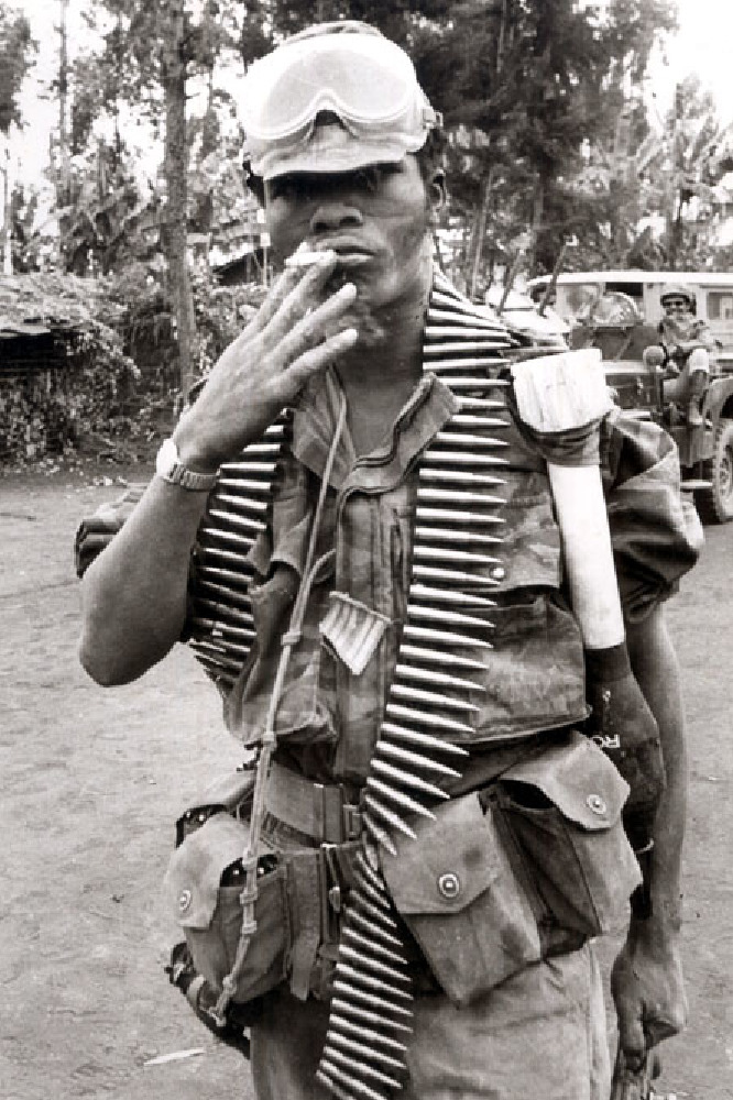 This mercenary was guarding the border of The Democratic Republic of The Congo.   This was 1967. The border crossing was a little tense, but I got through.