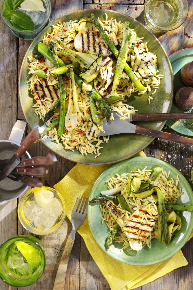 Griddled spring onions, asparagus, courgette, Halloumi, Garlic and Lemon Salad with Tilda(R) Brazilian Samba Rice