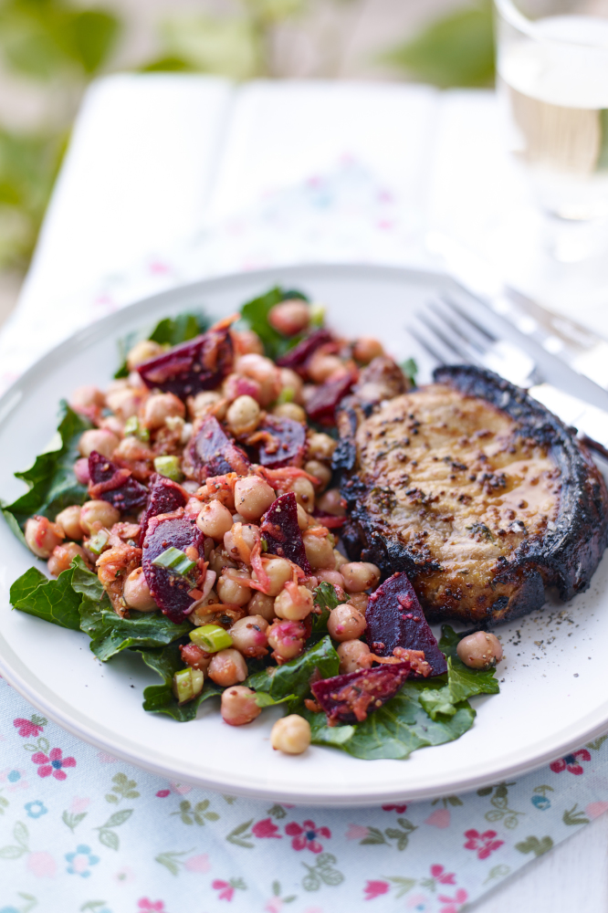 Honey & Ginger Infused Beetroot, Chickpea & Baby Kale Salad With Pork Chops