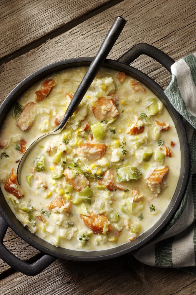 Hot Smoked Salmon, Prawn and Leek Chowder Soup