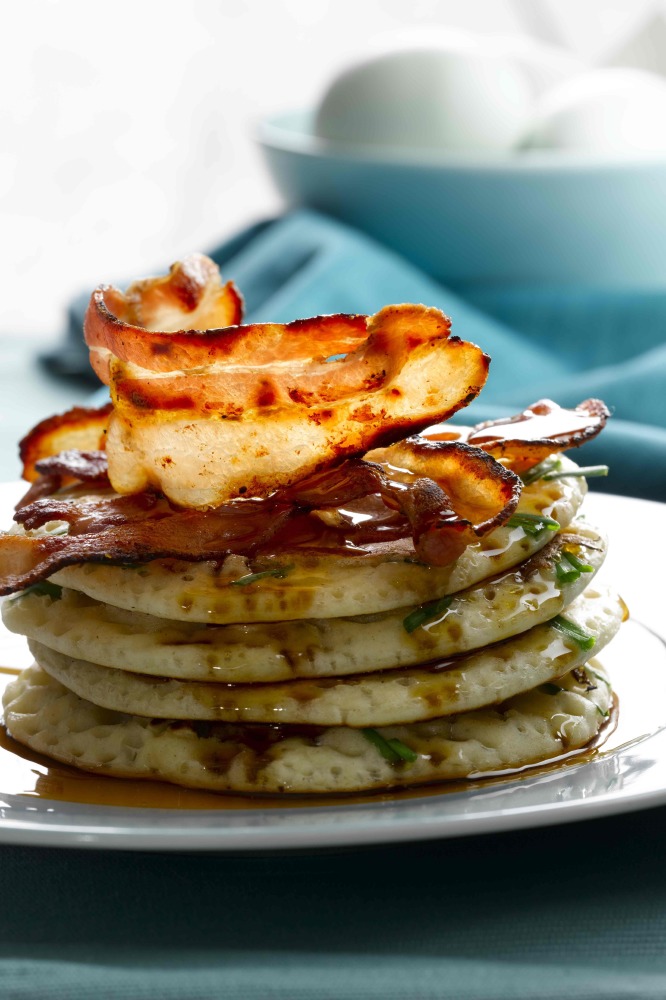 Fresh Herb Pancakes With Crispy Pancetta and Maple Syrup