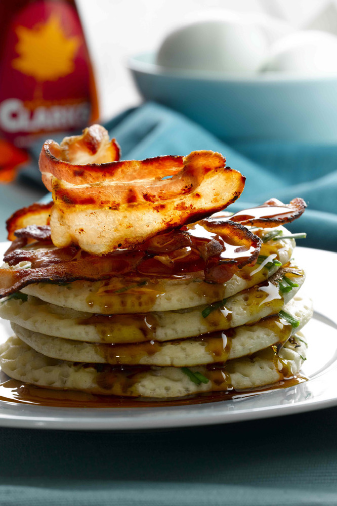 Fresh Herb Pancakes With Crispy American Bacon  & Clarks Maple Syrup