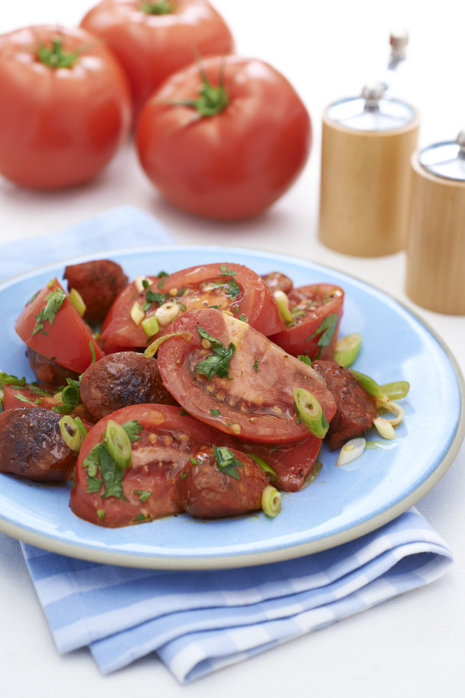 Tomato & Spring Onion Salad With Hot Pan-Fried Chorizo