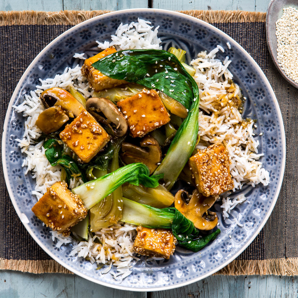 Braised Chinese Vegetables with Sesame-Hoisin Tofu