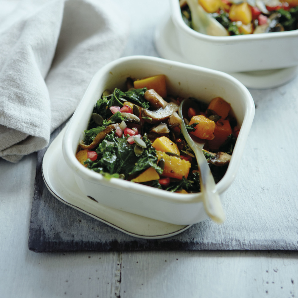 Squash Mushroom and Kale Salad with Pumpkin and Pomegranate