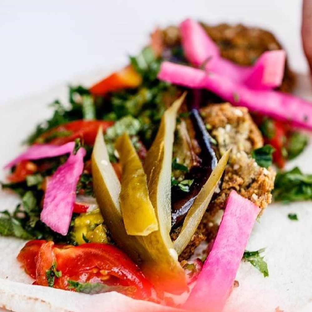 Falafel with sprouted lentil tabbouleh and schoog