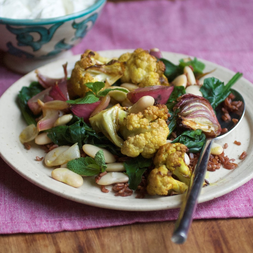 Spicy Roast Cauliflower, with Butter Beans and Red Rice