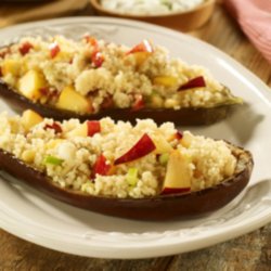 Baked aubergine stuffed with plum & nectarine couscous