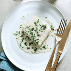 Baked Halibut, Caper and Herb Sauce