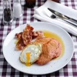 Beetroot Pancakes with Eggs, Smoked Bacon & Maple Syrup