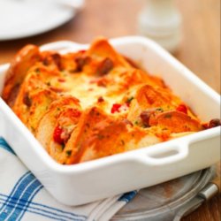 Savoury Sausage, Tomato Bread & Butter Pudding