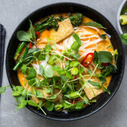 Tenderstem Broccoli Laksa with Crispy Tofu & Pea Shoots