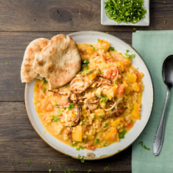 Butternut Squash & Coconut Dahl with Warm Flatbreads and Onion Textures