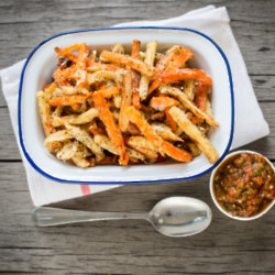 Carrot and Parsnip Fries with a Spicy Salsa Dipping Sauce