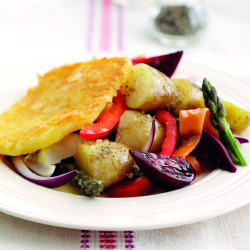 Cheese schnitzel with Jersey Royals and beetroot salad