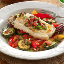 Cod Fillets With Roasted Veg & Sauce Vierge