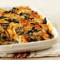 Creamy Two Potato and Mushroom Gratin