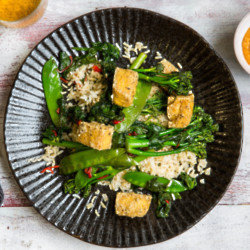 Crispy salt & pepper tofu with spicy peanut sauce & greens