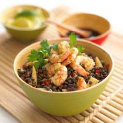 Prawns on top of lentils