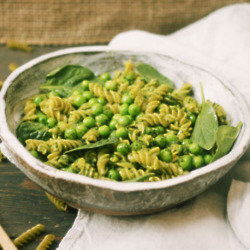 Green Pea & Quinoa Fusilli with Watercress & Coconut Pesto, Fresh Peas & Spinach