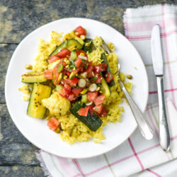 Spiced Cauliflower and Courgette with Yellow Rice, Pistachios and Coriander Salsa