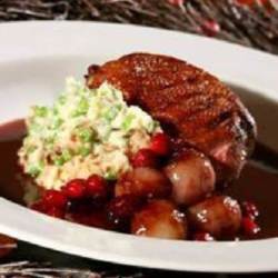 Honeyed Duck with Pea and Potato Mash with Shallots Glazed in Red Wine Sauce