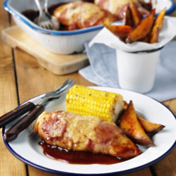 Hunters Chicken With Sweet Potato Wedges And Corn