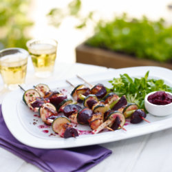 Cumin & Pomegranate Infused Beetroot, Halloumi & Courgette Kebabs